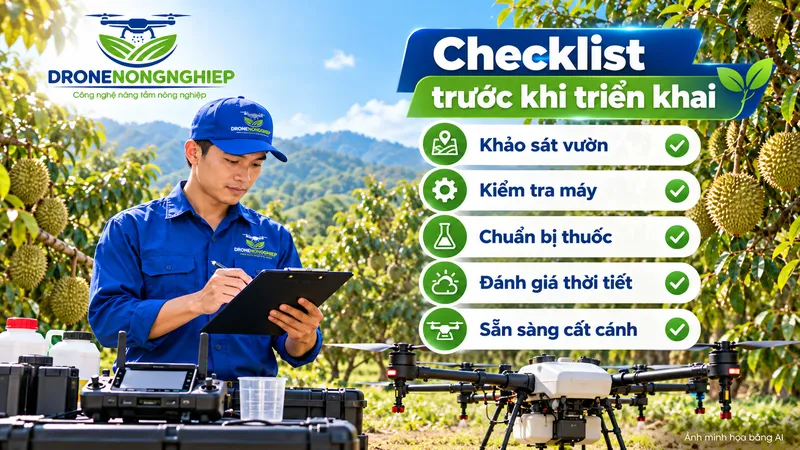 quy trình đánh giá vườn sầu riêng trước khi triển khai phun thuốc bằng máy bay nông nghiêoj