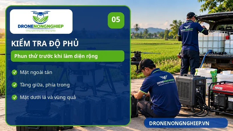 Kiểm tra độ phủ của tán để đánh giá hiệu quả phun thuốc bằng drone cho cây ăn trái