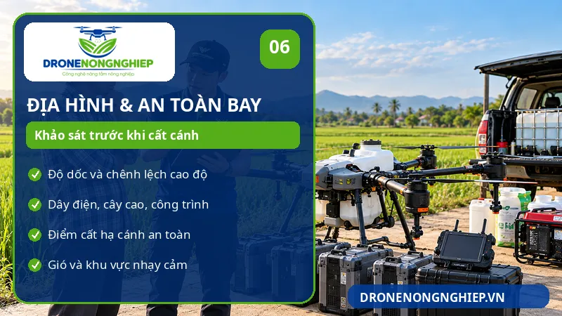 Địa hình, vật cản và yếu tố thời tiết ảnh hưởng tới hiệu quả và an toàn bay khi phun thuốc cho cây ăn trái